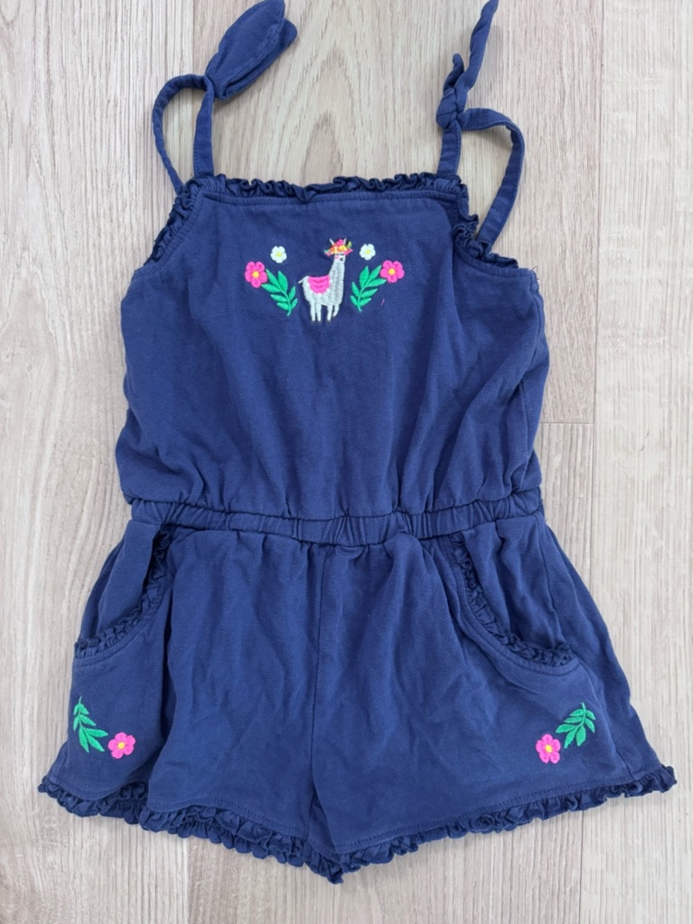 Mini Boden Navy Llama Embroidered Girls' Romper 3/4